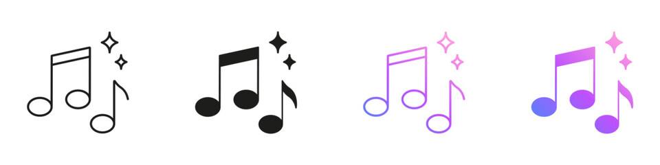 Music Notes With Sparkles Line and Solid Icon Set. AI Sound Creation And Audio Entertainment Symbol Collection. Isolated Vector Illustration