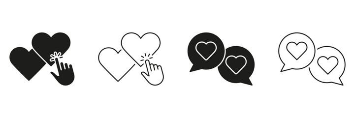 Heart Interaction And Communication Line And Solid Icon Set. Social Media Engagement, Liking, And Messaging Symbol Collection. Digital Connection And Online Interaction. Isolated Vector Illustration