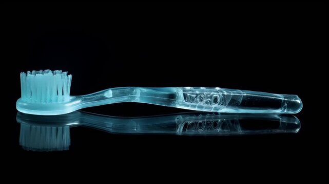Tooth dental health concept. Xray image of toothbrush with blue bristles and clear plastic handle.