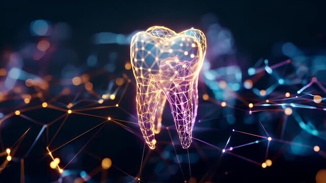 Tooth dental health concept. 3D rendering of a golden, wireframelike structure resembling a tooth, set against a bokeh background of blue and purple lights.