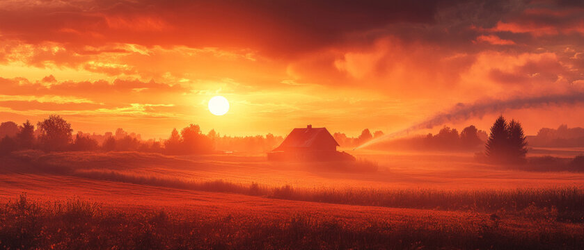 Sunset over a country house: bright sun and fog over the field. Suitable for articles about rural life, calendar design, posts about nature and travel.