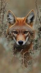 Obraz premium A red fox in its natural habitat among bushes and grass. Suitable for publications about wildlife, ecology, and the animal world.