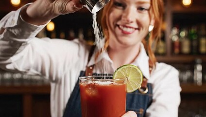 national bloody mary day smiling bartender prepares cocktail at bar