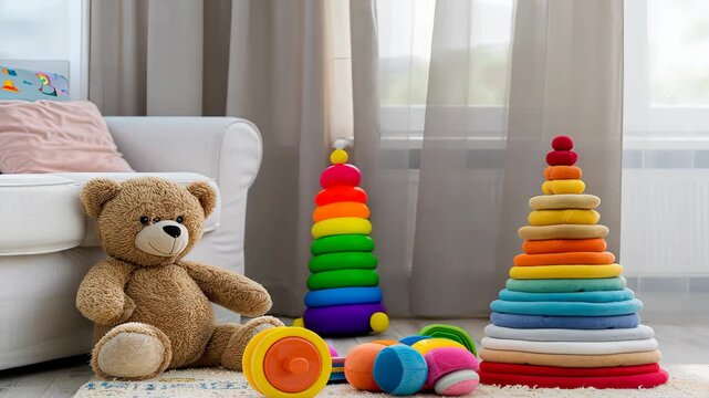 Children engaged in imaginative play with a teddy bear and colorful stacking rings while enjoying a bright, cozy indoor environment