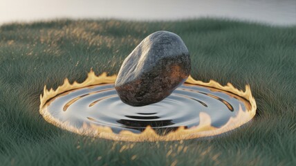 Stone levitating above rippling water surrounded by grass and golden light rock floating