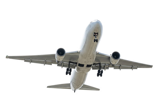 A commercial airplane flying upwards isolated on transparent background