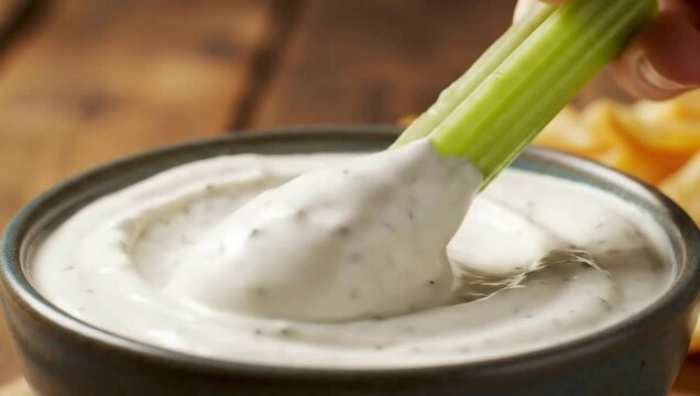 national bloody mary day dipping celery stick into creamy ranch dip