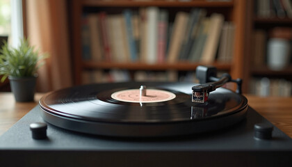 Obraz premium Vintage vinyl record player with spinning black record in cozy room 