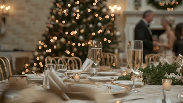 Decorated dinner table with champagne glasses and Christmas tree lights creating elegant festive atmosphere. Luxury holiday celebration gathering footage. 
