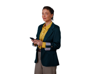 Professional businesswoman using smartphone, standing, making a business call or messaging, communicating, transparent background