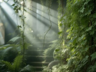 Sunbeams illuminate overgrown stairs in a lush, verdant jungle