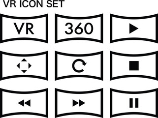 Black and white minimalist vr icon set, simple line icons, flat design, digital interface elements, vector illustration
