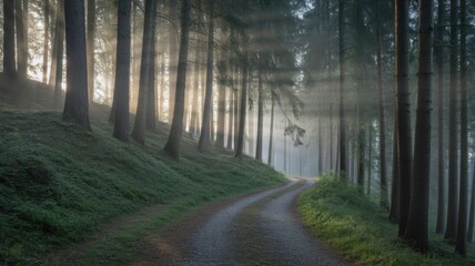 Sunbeams pierce through a misty forest onto a winding path
