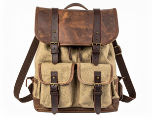 Outdoor Travel Gear with Leather Accents, Transparent Background.