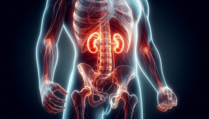 Anatomical illustration of human kidneys and circulatory system glowing with internal energy