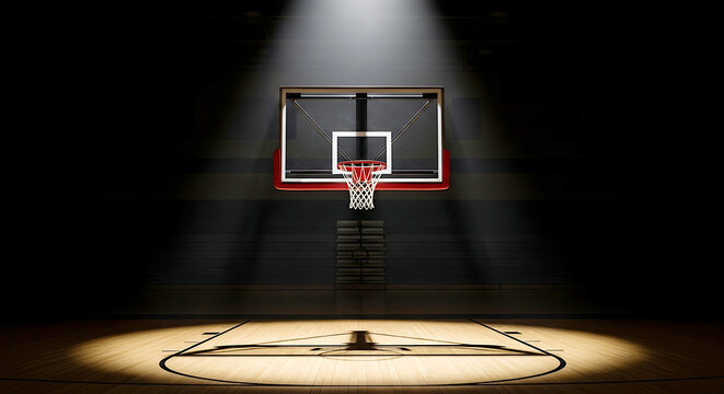 Basketball hoop illuminated in a dark gymnasium spotlight shining on the hardwood floor creating a dramatic sports scene