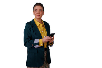 Professional businesswoman holding smartphone, looking away and confidently scanning horizon, transparent background