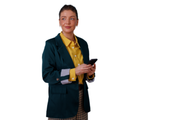 Professional businesswoman holding smartphone, looking away and confidently scanning horizon, transparent background