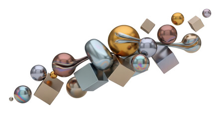 A whimsical arrangement of colorful metallic easter eggs and small diamond shapes scattered across a clean white background isolated on white background