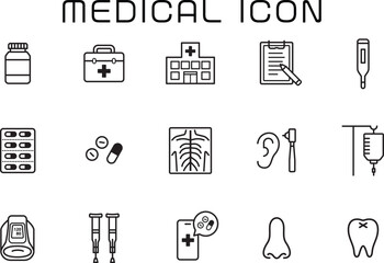 medical icon, vector illustration, black and white, minimalist, simple, line art, infographic, healthcare, hospital, clinic, medicine, pharmacy, doctor, nurse, syringe, bandage, stethoscope