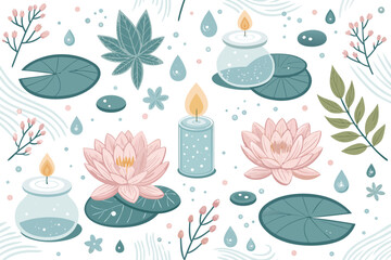 Beauty salon and spa doodle set. Skin care and natural treatment, natural cosmetics concept, time for yourself. Spa with aroma oil, nail file, sleep mask and other care items.	