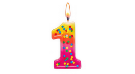 Lit birthday candle number one, colorful confetti, celebration