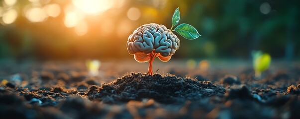 vibrant brain growing from fertile soil, roots symbolizing deep thinking and mental wellness, leaves representing creative ideas,