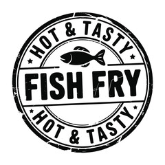 Hot and tasty fish fry emblem with silhouette