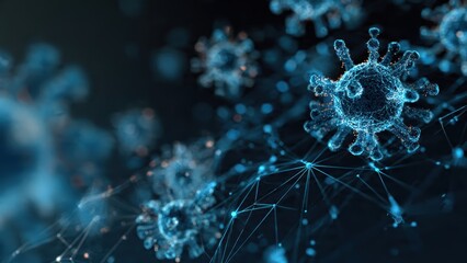 Digital illustration of virus particles, showcasing intricate details and a futuristic aesthetic with blue tones against a dark background.