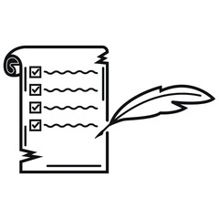 Checklist Document Icon with Feather Pen Vector Illustration  - Scroll-Like Edges Classic Vintage
