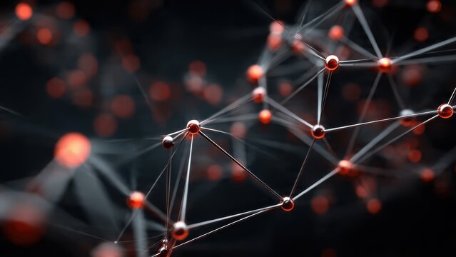 A close-up view of a network of interconnected nodes and lines, showcasing a futuristic design with red accents against a dark background.
