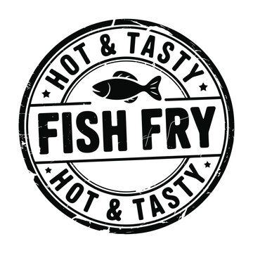 Hot and tasty fish fry emblem with silhouette