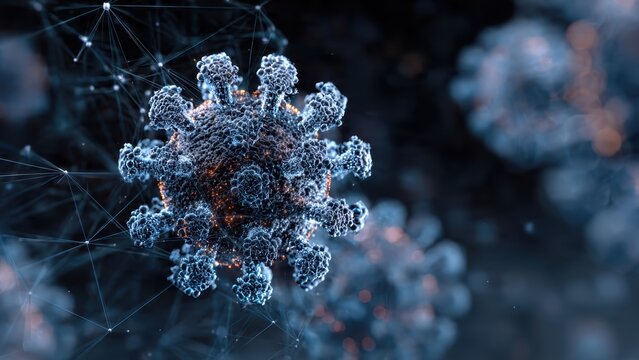 A microscopic view of a virus structure, showcasing intricate details and connections in a digital representation.