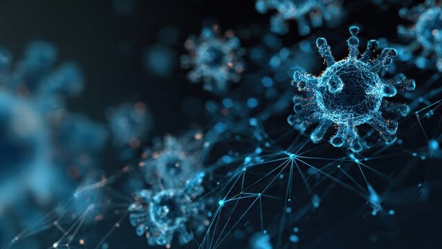 Digital illustration of virus particles, showcasing intricate details and a futuristic aesthetic with blue tones against a dark background.