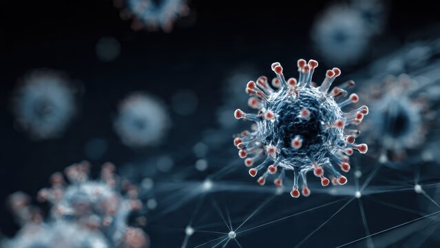 A close-up view of a virus, showcasing its structure and features, surrounded by a network of connections, representing microscopic analysis and scientific study.