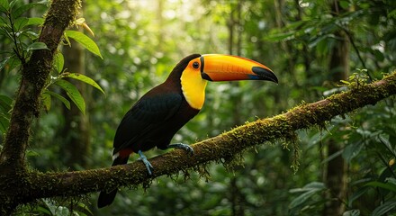 Obraz premium Colorful Toucan Perched on a Mossy Branch in the Lush Rainforest Canopy Serene scene