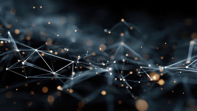 An abstract representation of interconnected lines and nodes, suggesting a digital or technological theme with glowing points of light.