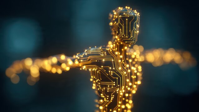 A futuristic humanoid figure made of glowing circuitry, symbolizing the intersection of technology and humanity.