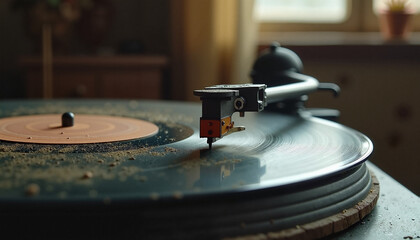 Close-up of a turntable needle on dusty vinyl record at home  