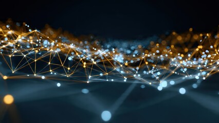 A visually stunning abstract depiction of interconnected lines and dots, representing data networks or digital connections in a dark background.