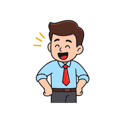 Happy cartoon office worker laughing with hands on waist. Chibi businessman in blue shirt and red tie smiling with joy.