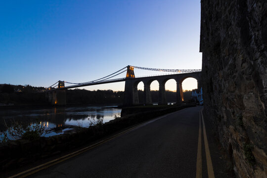 Menai Suspension Bridge nightography featuring the Menai Strait & Beach Road, Anglesey, Gwynedd