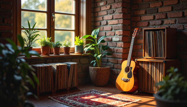 Cozy room with guitar and vintage records near the window  
