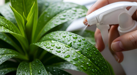 Water Droplets on Green Leaves, Misting Plant