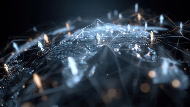 A digital representation of a global network with interconnected nodes and abstract figures, symbolizing communication and connectivity.