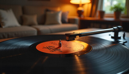 Obraz premium Vintage vinyl record spinning on turntable in cozy living room 