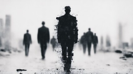 A monochromatic image of shadowy figures walking in a desolate landscape, with one figure appearing fragmented and central, evoking themes of isolation and existence.
