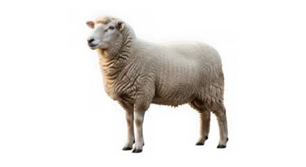 White sheep standing isolated, profile view of a farm animal