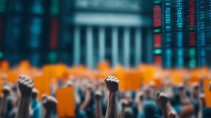 A vibrant protest scene with raised fists and orange placards, set against a backdrop of financial data, symbolizing activism and social change.