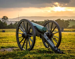 Cannon on grassy field against golden sunset, hills and sky backdrop with warm light